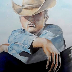 Può includere: Dipinto ad acquerello di una persona con un cappello da cowboy beige e una camicia blu, con una sigaretta. Il dipinto è firmato "Fabio Art" in basso.