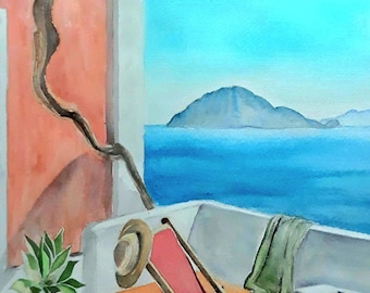 May include: Watercolor painting of a seaside scene. A red and orange deck chair with a straw hat sits on a balcony overlooking the blue sea and a distant island. A green towel is draped over the balcony.