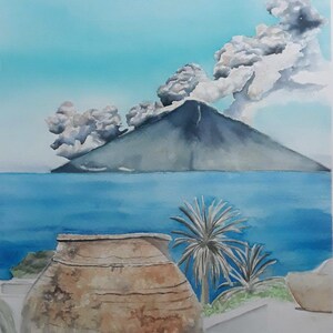 Stromboli Fumante – Dipinto ad Acquerello su Carta di Cotone – Paesaggio Vulcanico e Natura Selvaggia