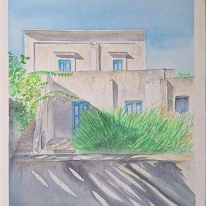 Acquerello Originale Casa Eoliana a Stromboli – Arte Mediterranea, Decorazione Parete, Dipinto Paesaggio Italiano Unico