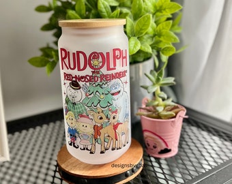 Rudolph | Red Nosed | Frosted Glass Cup | Christmas | Holiday Gift | Cute Christmas | Iced Coffee | Christmas Tree | Holiday Tree | Reindeer