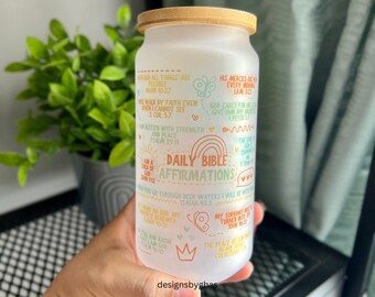 Bible Affirmations Tumbler 18oz Glass Can, Christian Affirmations Tumbler, Christian Affirmation Cup, Affirmation Women, Christian Glass Cup