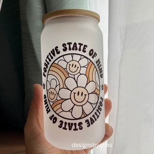 Positive State of Mind Frosted Glass Can, Self Love Affirmations, Iced Coffee Glass Can, Daisy Cup, Retro Daisy Cup, Bamboo Lid and Straw