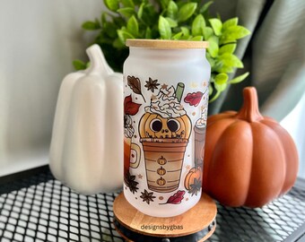 Pumpkin Spice 18oz Frosted Glass Can, Pumpkin Spice Latte, PSL, Pumpkin Spice Tumbler, Autumn Cup, Halloween Tumbler, Fall Iced Coffee Cup