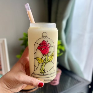 Enchanted Rose 18oz Frosted Glass Can, Beauty Glass, Belle Iced Coffee Cup, Rose Tumbler, Beauty Stained Glass Tumbler, Fantastical Beast