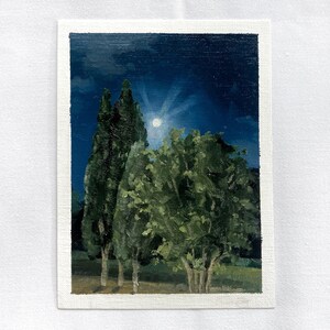 Peinture à l'huile originale sur papier | ciel nocturne, clair de lune, arbres | peinture de carte postale | décoration de maison