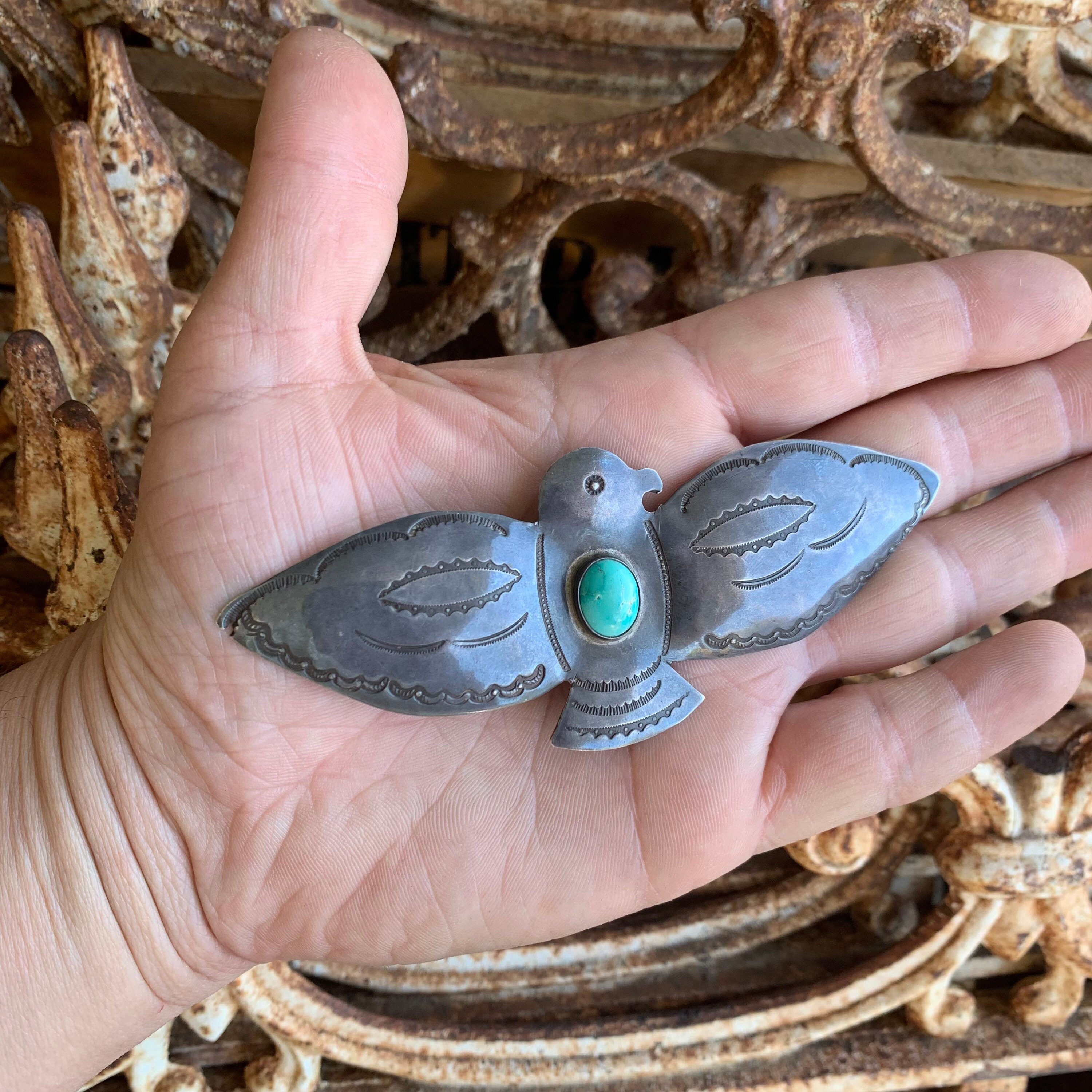 Antique Navajo 1930's Silver & Turquoise Thunderbird Pin