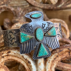 Antique Navajo 1930&#39;s Silver & Turquoise Thunderbird Cuff Bracelet
