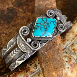Rare 1930s Signed Solid Silver & Turquoise Cuff Bracelet - Garden of the Gods Trading Post