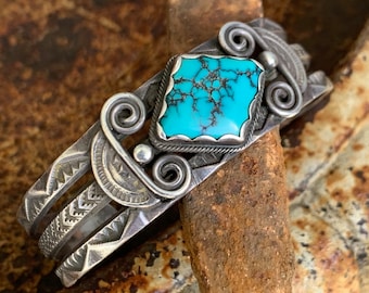 Rare 1930s Signed Solid Silver & Turquoise Cuff Bracelet - Garden of the Gods Trading Post