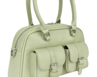 Bolso de hombro verde salvia para mujer, minimalista, de piel sintética con bolsillos delanteros, bolso de trabajo para uso diario, regalo neutro para ella.