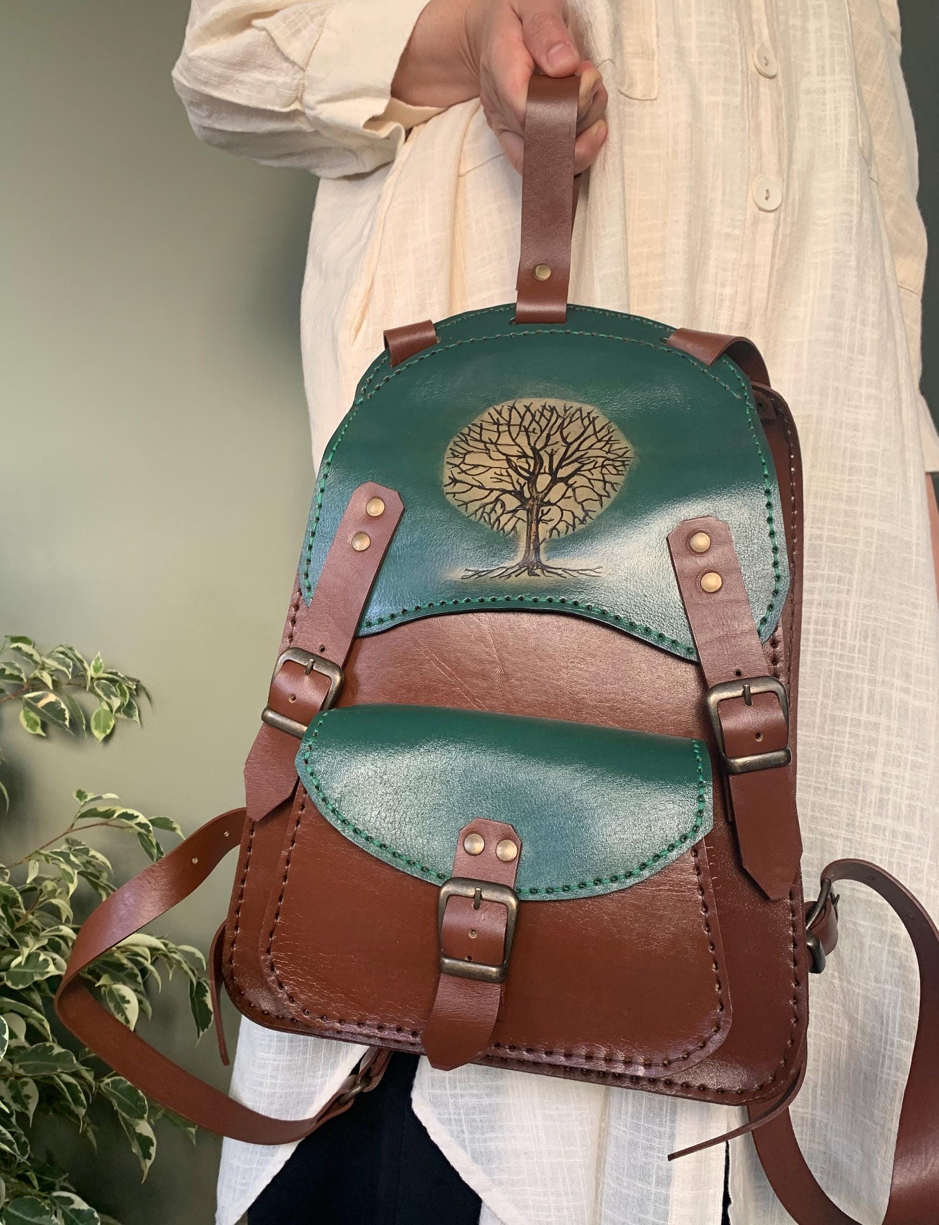 Handcrafted Two-tone Leather Backpack With Artistic Tree Handcrafted Two-tone Leather Backpack With Artistic Tree