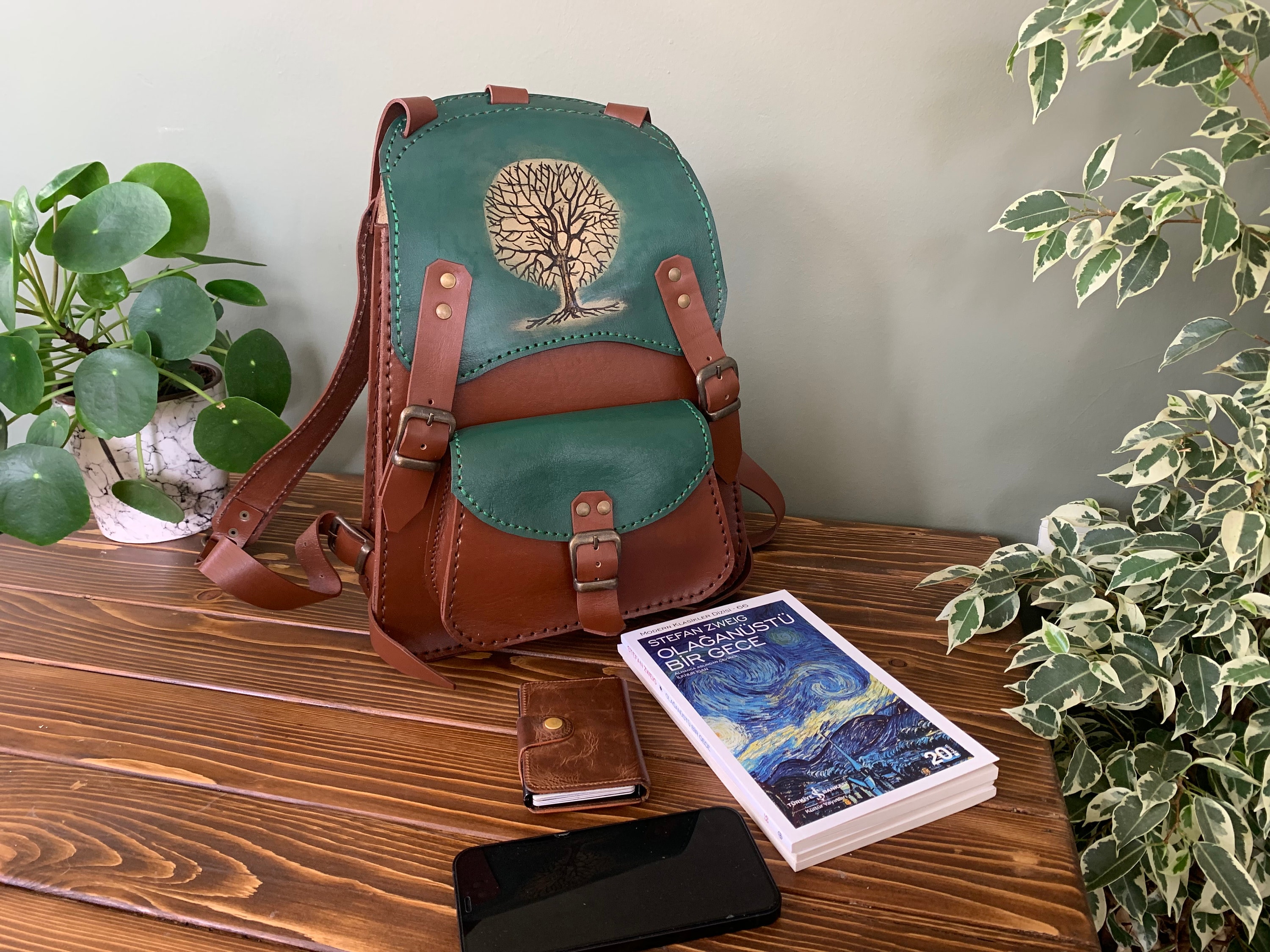 Handcrafted Two-tone Leather Backpack With Artistic Tree Handcrafted Two-tone Leather Backpack With Artistic Tree