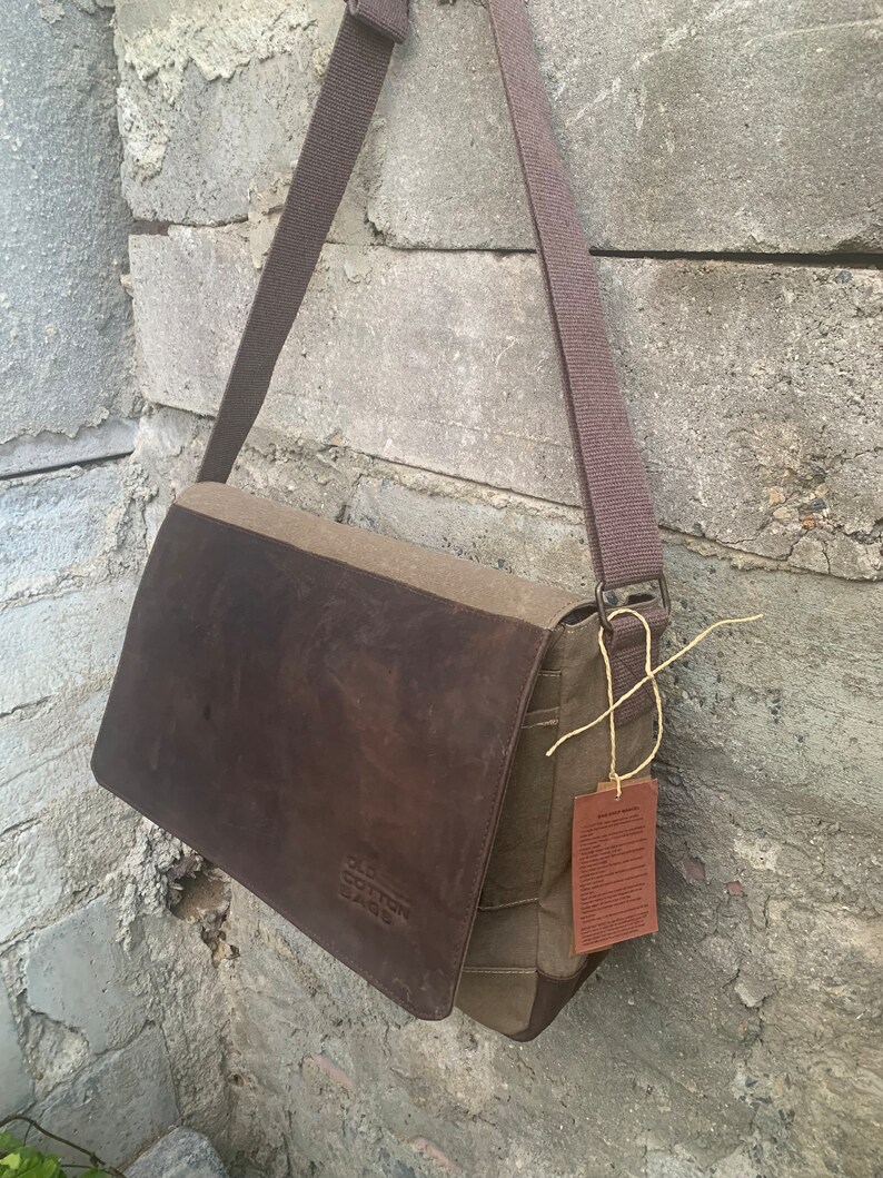 Leather Canvas Messenger Bag , Brown Leather Bag , Shoulder Bag