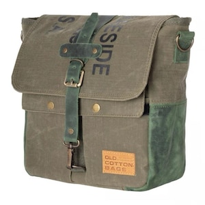 Bolsa de mensageiro de lona encerada retrô | Estojo impermeável para laptop com detalhes em couro