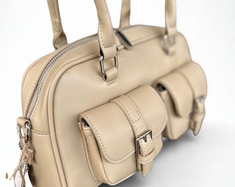Beige Shoulder Bag for Women, Small Handbag with Pockets, Everyday Elegant Purse, Minimal Chic Tote Bag, Gift for Her