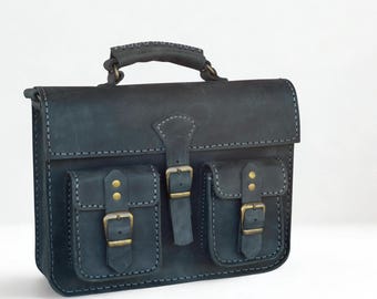Handmade Navy Blue Leather Satchel, Vintage Crossbody Messenger
