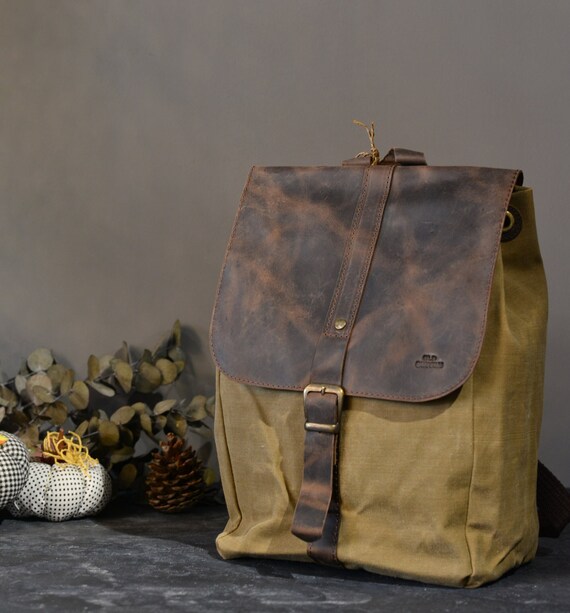 Rustic Canvas Backpack: Brown Leather Flap, Padded Straps