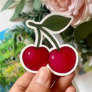 Hand‑Drawn Cherry Vinyl Sticker – Cute Fruit Art, Waterproof Kawaii Decal for Journals & Laptops
