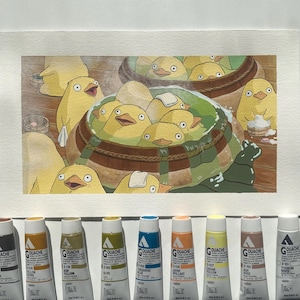 Gelbe Badehaus Entenkreaturen – Niedliche Studio-inspirierte Gouache Malerei | Wunderliche tränkende Szene | Japanische Fantasy Illustration