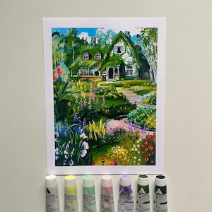 Lámina artística "Cabaña acogedora en el jardín": decoración de pared con una casa de brujas caprichosa, obra de arte inspirada en el anime de fantasía