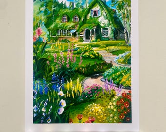 Stampa Fantasy Witch Garden Cottage – Accogliente decorazione murale anime ispirata all'iconico cottage del film
