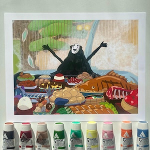 Anime Wall Art Print – Festive Feast Scene with Mysterious Spirit | Japanese Animation-Inspired Home Decor | Colorful Food Illustration