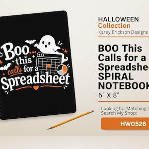 May include: Black spiral notebook with the text "Boo this calls for a Spreadsheet" and a ghost graphic. The notebook is 15 cm x 20 cm and part of the Halloween Collection.