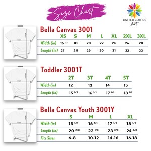 以下が含まれることがあります： Bella Canvas 3001、Toddler 3001T、Bella Canvas Youth 3001YのTシャツのサイズチャート。幅と長さのインチ単位の測定値を表示し、大人用はXSから3XL、幼児用は2Tから5T、若者用はSからXLまでのサイズに対応しています。