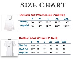 May include: Size chart for women's tank tops and V-neck shirts. The chart shows measurements in inches for sizes S, M, L, XL, 2XL, and 3XL. The chart includes measurements for width, length, chest, and middle.