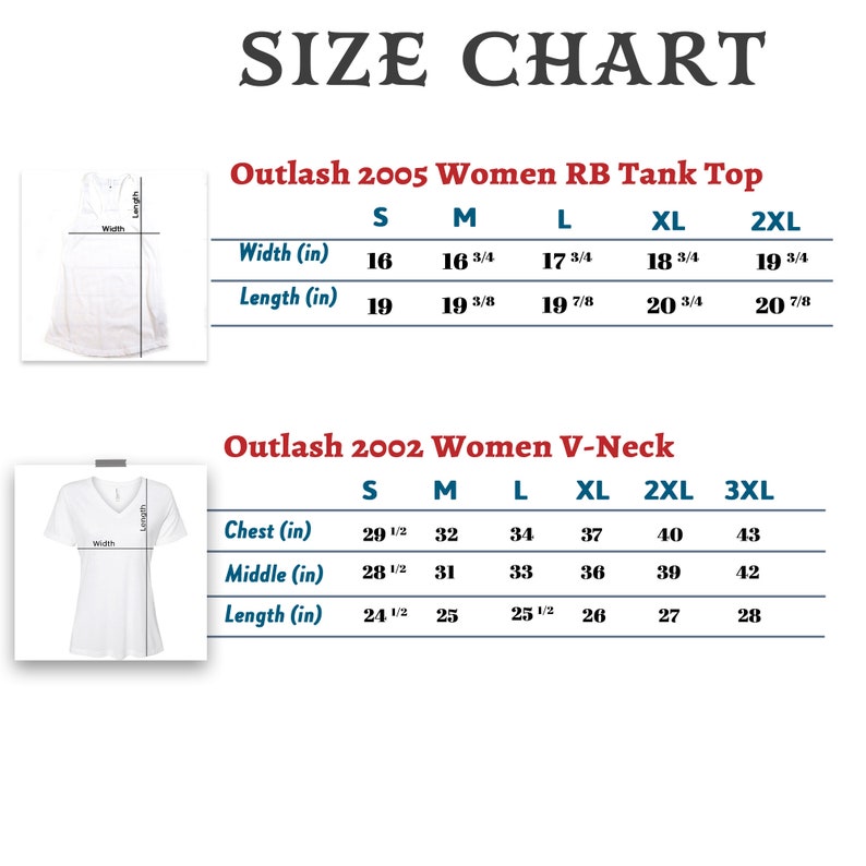 May include: Size chart for women's tank tops and V-neck shirts. The chart shows measurements in inches for sizes S, M, L, XL, 2XL, and 3XL. The chart includes measurements for width, length, chest, and middle.