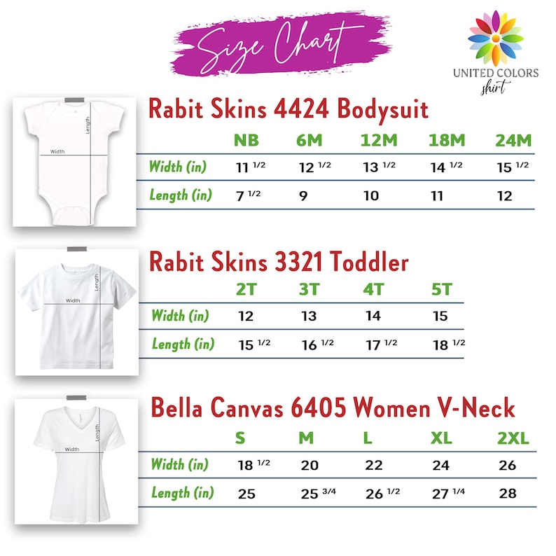 以下が含まれることがあります： Rabit Skinsのボディスーツ、幼児用Tシャツ、Bella Canvas Vネックシャツのサイズチャート。 幅と長さの測定値はインチです。 新生児から2XLまでのサイズが含まれており、上部に「Size Chart」というテキストがあります。