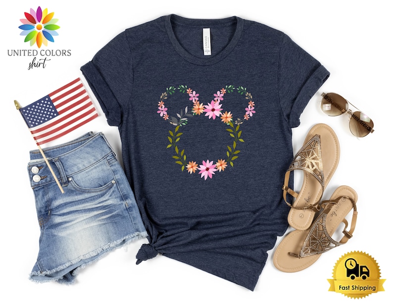 Boho Disney Shirt, Floral Disneyworld Shirt, Mickey Ears Shirt, Boho Women Shirt, Disneyland Trip Shirt, Women Disney Shirt, Girl's Tees Heather Navy