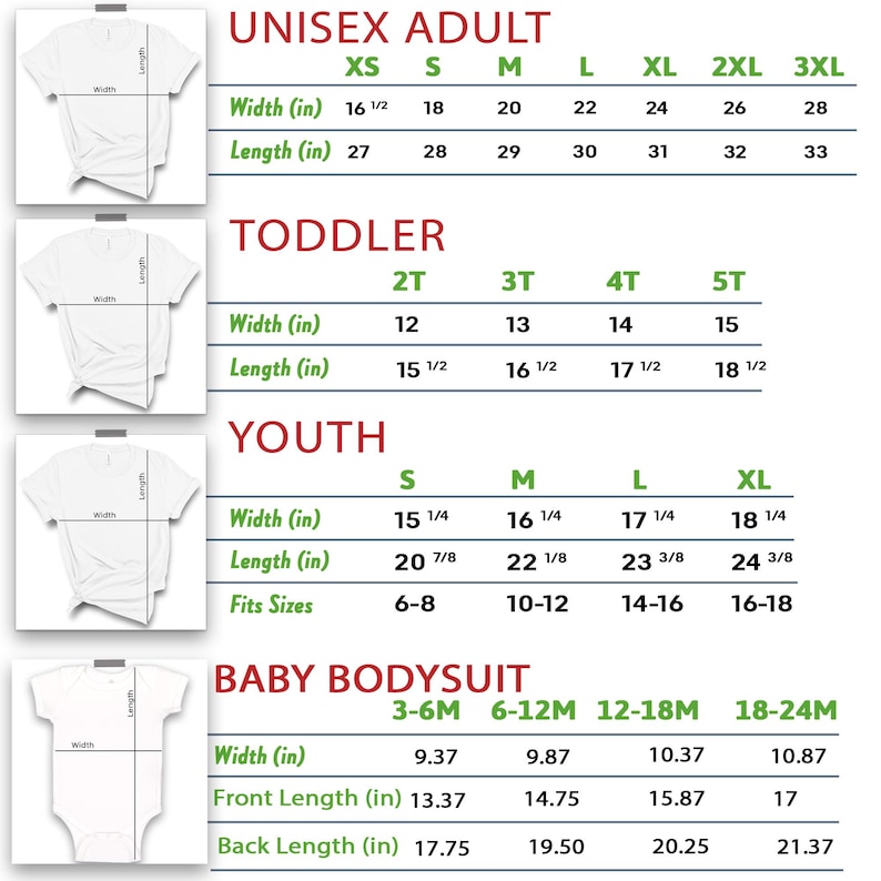 Pode incluir: Uma tabela de tamanhos de vestu&aacute;rio com quatro categorias: Unisex Adult, Toddler, Youth e Baby Bodysuit. Cada sec&ccedil;&atilde;o mostra o contorno de uma t-shirt ou body branco com etiquetas de largura e comprimento e tabelas com medidas em polegadas.