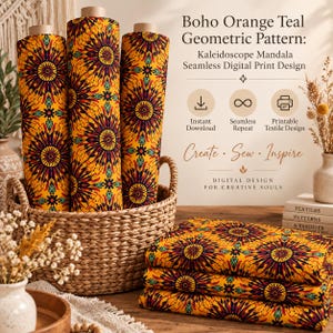 May include: Three fabric rolls and a folded stack of fabric featuring a vibrant orange, teal, and dark purple kaleidoscope mandala geometric pattern. The text reads: Boho Orange Teal Geometric Pattern: Kaleidoscope Mandala Seamless Digital Print Design.