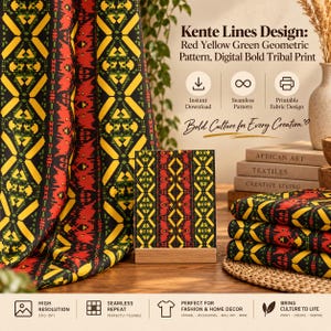 May include: A digital fabric design featuring a Kente Lines Design with a red, yellow, and green geometric pattern on a black background. The image displays the repeating print on draped fabric, a flat card, and folded fabric stacks with text overlays.