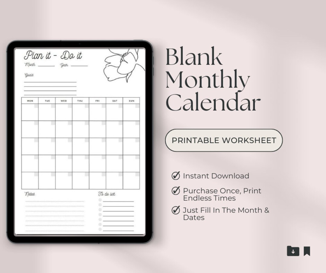 Monthly Calendar Printable | Minimalist Black & White Design | Simple ...