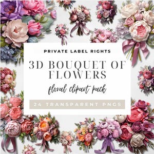 PLR 3D Realistic Texture Floral Clipart Bundle Pack, Pastel Color Themed Flowers - 300 dpi Transparent png's, High Quality Printable Graphic