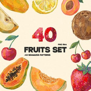 Peut inclure: Une collection numérique de 40 illustrations de fruits et 44 motifs sans couture représentant divers fruits comme des fraises, cerises, raisins, papaye, noix de coco et pêche. Le texte 40 FRUITS SET PNG files +44 SEAMLESS PATTERNS est centré.