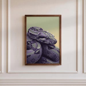 Könnte beinhalten: Ein gerahmter Kunstdruck mit einer detaillierten Illustration einer zusammengerollten Schlange mit violetten und dunkelgrauen Schuppen. Die Schlange ist vor einem weichen Farbverlauf platziert, der von einem blassen Grün zu einem hellen Gelb übergeht.