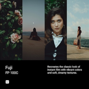 May include: A collage of four images. The first image shows a close-up of a green bush with pink flowers. The second image shows a woman sitting on a sandy beach with the moon in the sky. The third image shows a woman wearing a black vest and white shirt, looking at the camera. The fourth image shows a woman walking on a pier with a suitcase in her hand. The text "Fuji FP 100C" is at the bottom of the collage.
