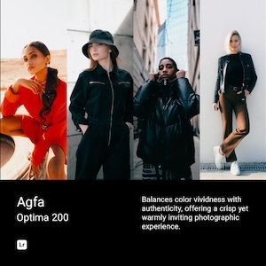Puede incluir: Cuatro personas con atuendos diferentes posan para una sesión de fotos. La imagen es una foto promocional para la película Agfa Optima 200. El texto "Agfa Optima 200" es visible en la esquina inferior izquierda de la imagen.