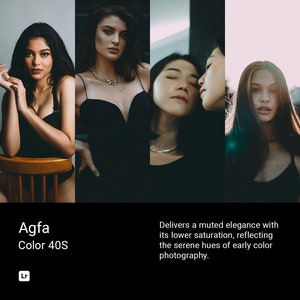 May include: A collage of four images featuring women with dark hair wearing black clothing. The images are in a muted color palette, reflecting the Agfa Color 40S film.