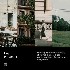 May include: A collage of three images showcasing the capabilities of the Fuji Pro 400H II film. The first image shows a cafe interior with tables and chairs. The second image shows a woman walking on a sidewalk in front of a building. The third image shows a green grassy field with a cable car in the background. The text "Fuji Pro 400H II" is displayed below the images.