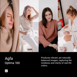 Pode incluir: Quatro mulheres em poses diferentes, vestindo vários suéteres e roupas. A imagem é uma colagem de quatro fotos. O texto "Agfa Optima 100" está na parte inferior da imagem.