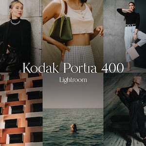 Puede incluir: Un collage de imágenes con diferentes personas que visten diversos atuendos y poses. Las imágenes están dispuestas en una cuadrícula y tienen una estética vintage. El texto "Kodak Portra 400 Lightroom" se muestra en el centro del collage.