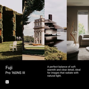 Może przedstawiać: Podzielony obraz przedstawiający nowoczesny budynek z odbijającym się basenem z przodu, zielonym żywopłotem i białym krzesłem. Prawa strona obrazu przedstawia nowoczesny salon z białą sofą, lampą stojącą i dywanem. Tekst "Fuji Pro 160NS III" znajduje się na dole obrazu.