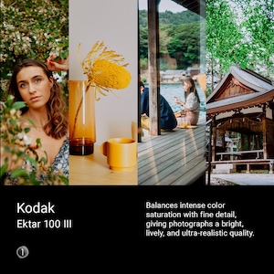 Peut inclure: Un collage de trois images mettant en valeur le film Kodak Ektar 100 III. La première image montre une femme avec des fleurs dans les cheveux, la deuxième image montre un vase avec une fleur jaune et la troisième image montre un temple japonais traditionnel.