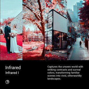 Könnte beinhalten: Ein Hochzeitspaar posiert vor einer rot getönten Landschaft. Die Braut trägt ein weißes Kleid und der Bräutigam einen schwarzen Anzug. Das Bild wurde mit einer Infrarotkamera aufgenommen, was der Szene ein surreales, jenseitiges Aussehen verleiht.