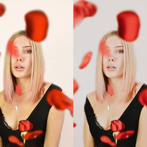 Puede incluir: Una mujer con cabello rubio y reflejos rosados lleva una blusa negra de cuello en V con un collar plateado. Est&aacute; sosteniendo una sola rosa roja con hojas verdes. P&eacute;talos de rosa roja caen a su alrededor.